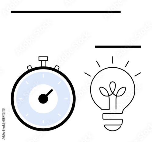 Stopwatch and light bulb represent efficiency and creativity. Ideal for innovation, time management, productivity, brainstorming, problem-solving, efficiency, conceptual thinking. Line metaphor
