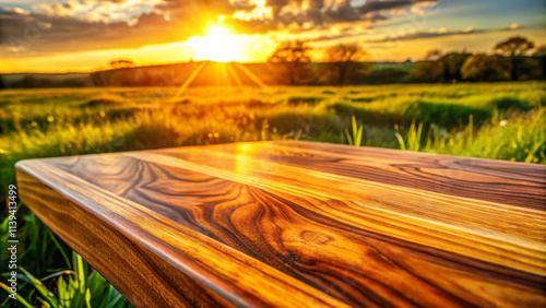 polished amberwood surface glistens in sunlight, showcasing intricate textures against vibrant sunset backdrop. warm hues create serene atmosphere in nature photo