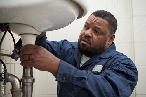 Plus-size plumber of different ethnic backgrounds fixing a sink photo