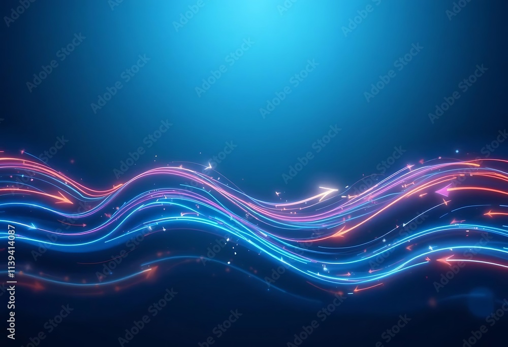Obraz premium A wave pattern of neon arrows over a deep blue gradient
