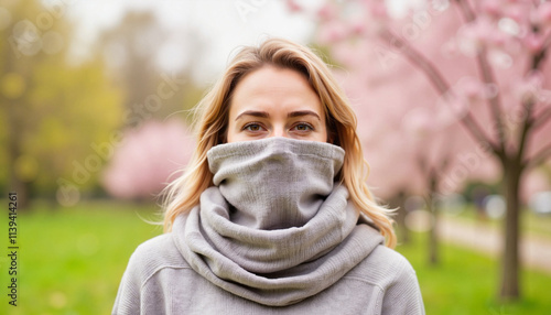Woman outdoors in scarf with cherry blossoms in spring park