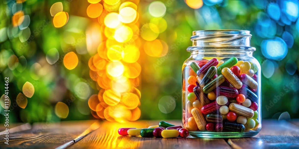 Vibrant Long Exposure of Colorful Dietary Supplements in Glass Jar for Health and Wellness Photography Vibrant Long Exposure of Colorful Dietary Supplements in Glass Jar for Health and Wellness Photography