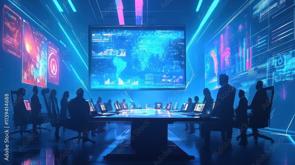 A futuristic boardroom with digital displays and silhouettes of people engaged in discussion. A futuristic boardroom with digital displays and silhouettes of people engaged in discussion.