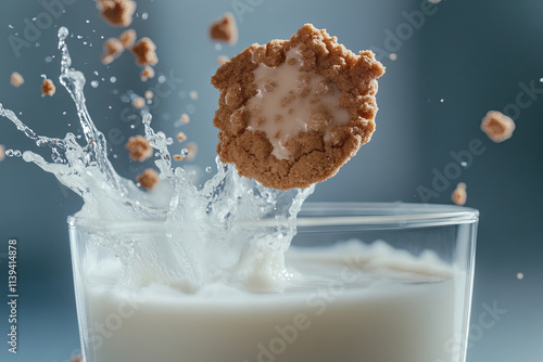 A glass of milk with a cookie jumping in as if it's diving into a pool photo