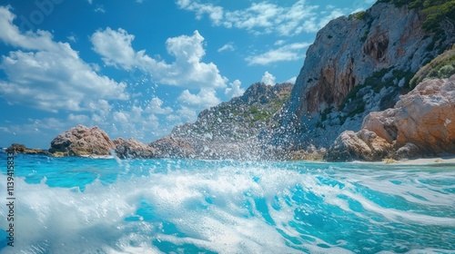 A vibrant beach scene with crashing waves and rocky cliffs under a blue sky.