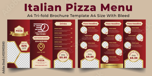 Italian Pizza Food And Restaurant Tri-Fold Menu . A4 Flyer Food And Drink Marketing Material, Ads, Templates, Cover Design. Vector Illustration 