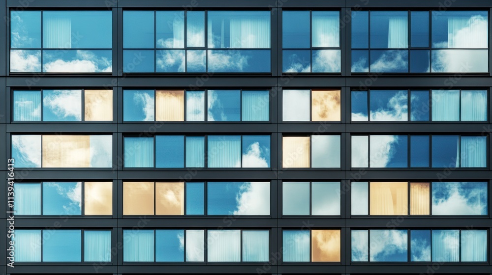 Cityscape Reflection: A Modern Building's Windows Reflecting the Sky Cityscape Reflection: A Modern Building's Windows Reflecting the Sky