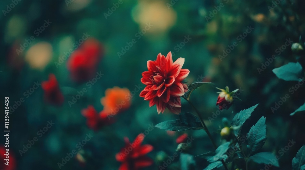 Single red dahlia flower in bloom amongst green foliage. Single red dahlia flower in bloom amongst green foliage.