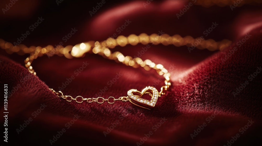 A delicate gold bracelet with a heart charm placed on a maroon velvet surface, great for jewelry Valentine’s ads A delicate gold bracelet with a heart charm placed on a maroon velvet surface, great for jewelry Valentine’s ads