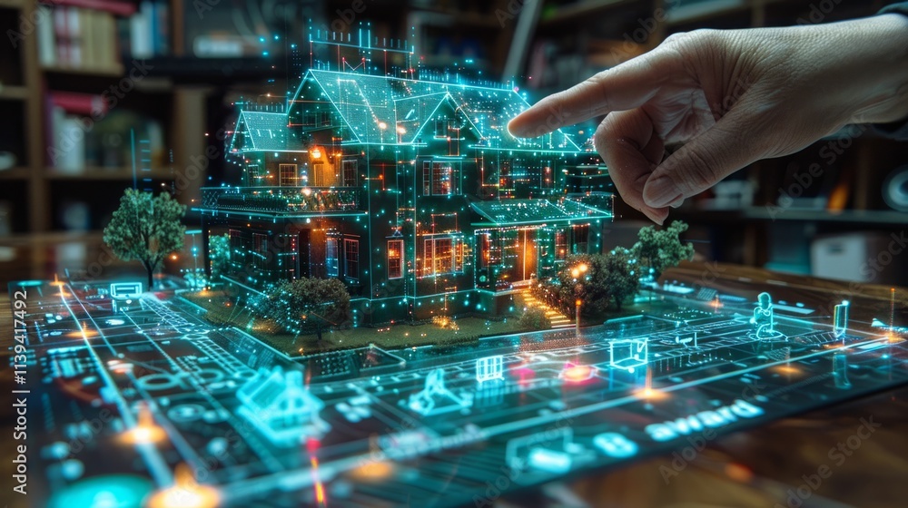 Obraz premium Hand interacts with a glowing, digital house model on table.