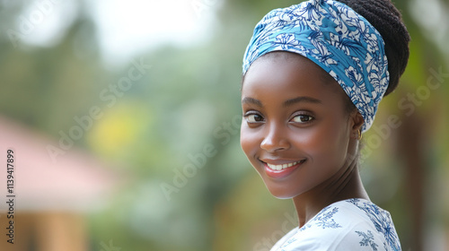 African woman wearing native american traditional cloth pilgrim at event photo