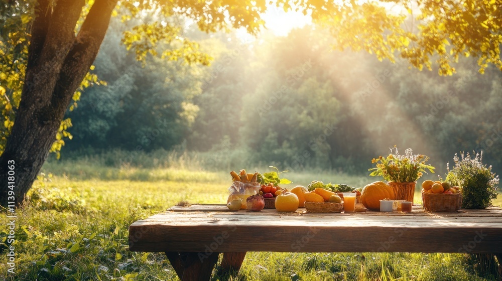 A rustic wooden table set with fresh fruits and vegetables in a sunlit outdoor setting. A rustic wooden table set with fresh fruits and vegetables in a sunlit outdoor setting.