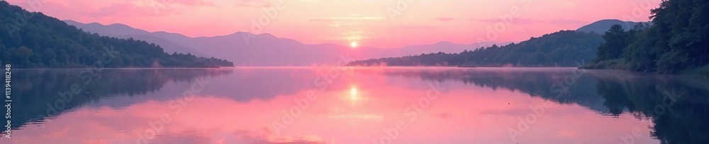 Fototapeta premium Soft pink and peach tones on tranquil lake at dusk, reflection, lake, water