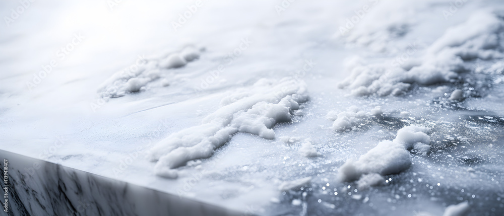 A white marble countertop with snow on it. The snow is piled up in various shapes and sizes, creating a sense of depth and texture. The image evokes a feeling of winter and the beauty of nature A white marble countertop with snow on it. The snow is piled up in various shapes and sizes, creating a sense of depth and texture. The image evokes a feeling of winter and the beauty of nature