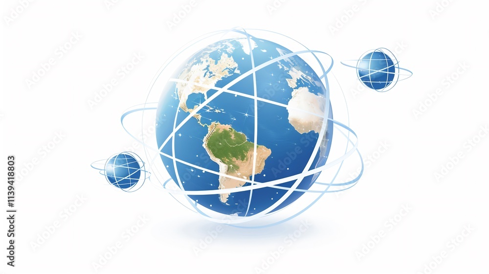 Earth with Orbiting Connections. This image represents global connectivity and communication, with the Earth at the center and orbiting connections symbolizing data flow and international networks. Earth with Orbiting Connections. This image represents global connectivity and communication, with the Earth at the center and orbiting connections symbolizing data flow and international networks.