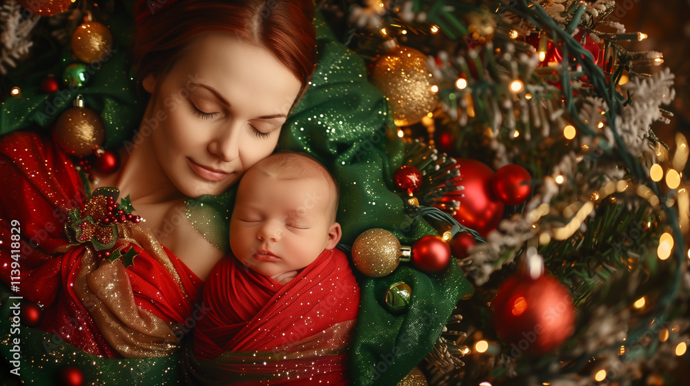 A mummy and her baby, both wrapped in festive red and green gauze, surrounded by Christmas joy. A mummy and her baby, both wrapped in festive red and green gauze, surrounded by Christmas joy.