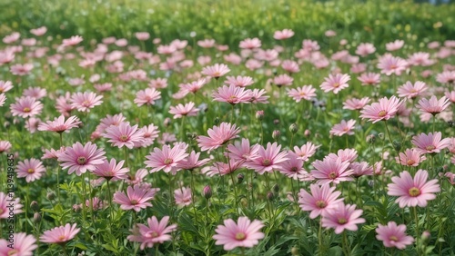 Pastel pink flowers in a field of green against a soft focus background , floral, blooming, flower fields