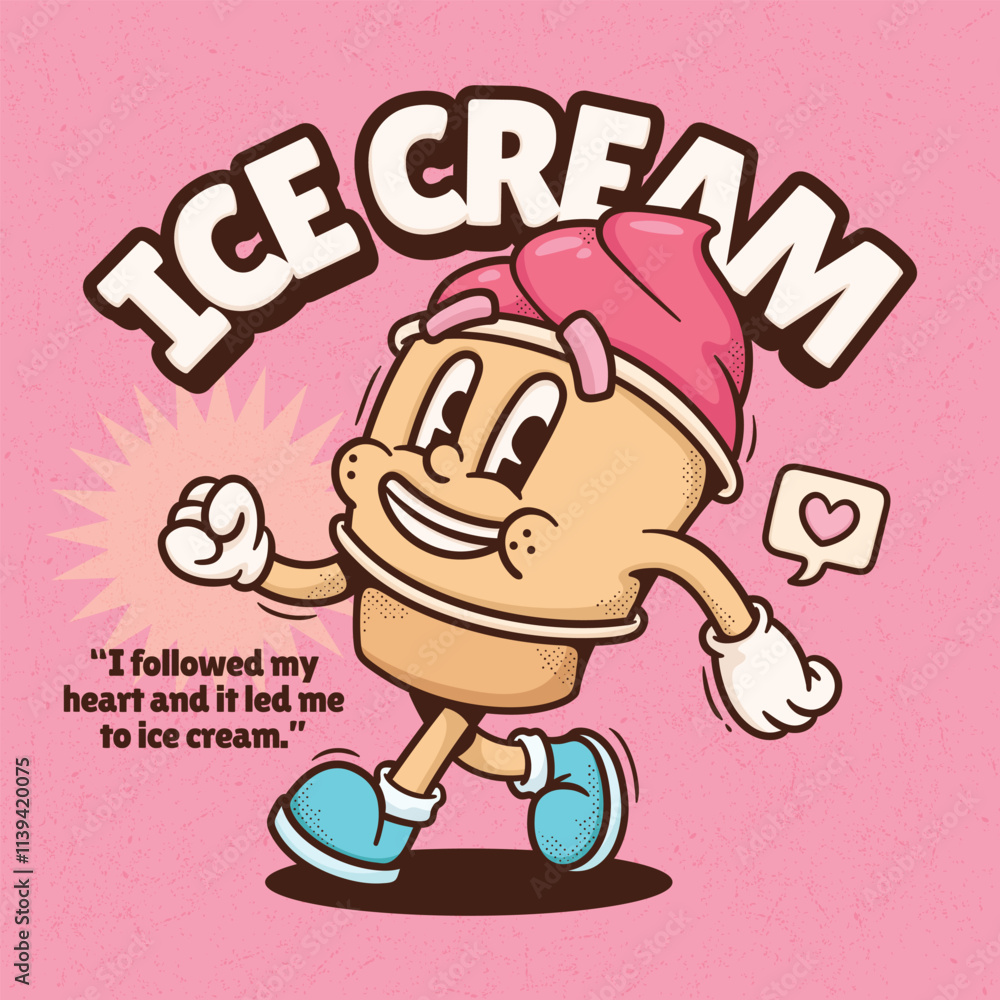 Ice Cream Trendy Retro Cartoon Vector Hand Drawn Ice Cream Trendy Retro Cartoon Vector Hand Drawn