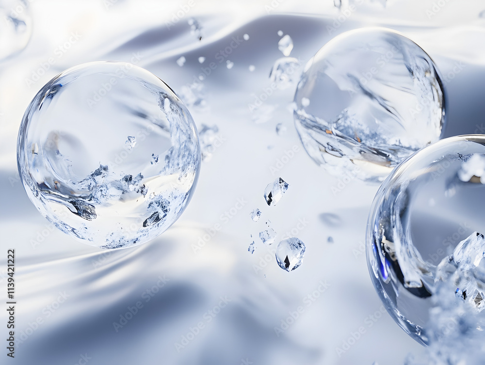 Three clear spheres of water are floating in the air. The spheres are surrounded by a blue background. Concept of calmness and tranquility, as the water droplets seem to be suspended in mid-air Three clear spheres of water are floating in the air. The spheres are surrounded by a blue background. Concept of calmness and tranquility, as the water droplets seem to be suspended in mid-air