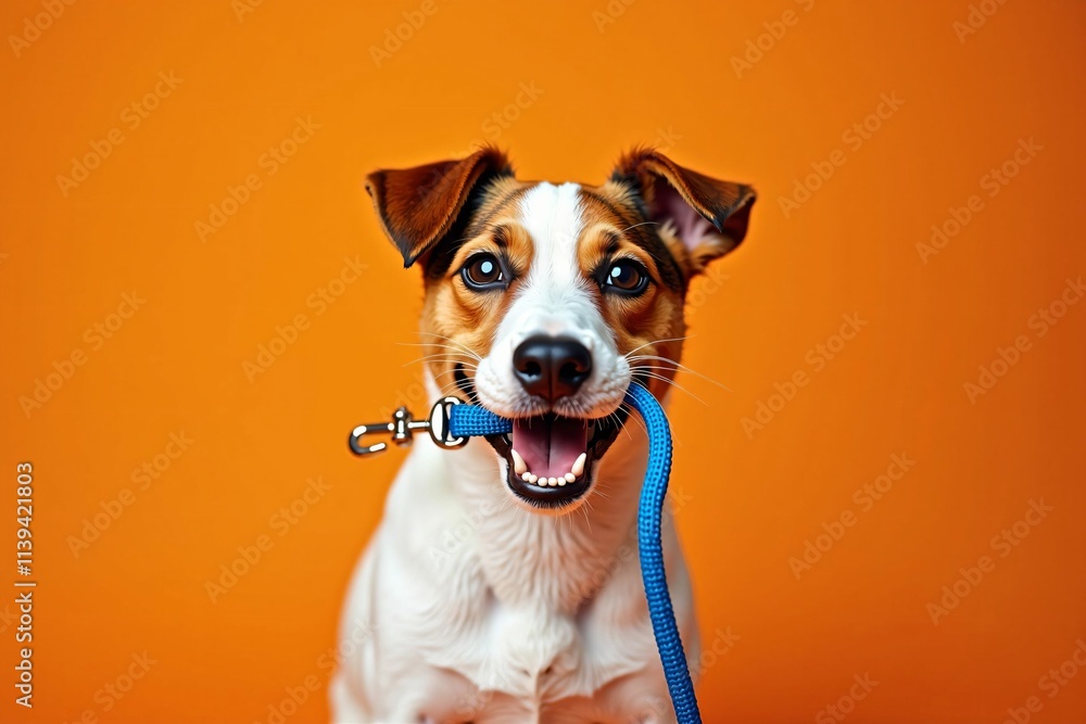 Happy Jack Russell Terrier Holding a Blue Leash in Mouth Ready for a Walk Against Vibrant Orange Background Happy Jack Russell Terrier Holding a Blue Leash in Mouth Ready for a Walk Against Vibrant Orange Background