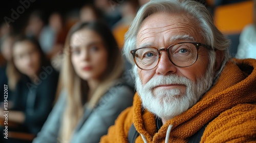 senior man with white hair and glasses sits in an auditorium wearing an orange hoodie. Young adults, including a woman in the foreground, focus intently on the event unfolding