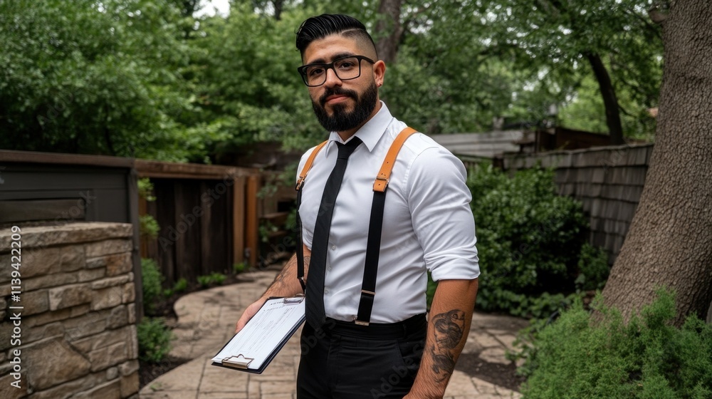 well-dressed individual stands confidently in a lush garden, holding a clipboard and preparing for an outdoor gathering well-dressed individual stands confidently in a lush garden, holding a clipboard and preparing for an outdoor gathering