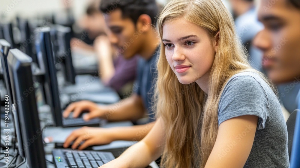 group of students work diligently at their computer stations in a contemporary classroom, focusing on their assignments and collaborating on various projects during a learning session group of students work diligently at their computer stations in a contemporary classroom, focusing on their assignments and collaborating on various projects during a learning session