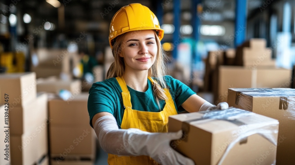 young woman wearing a hard hat and work gloves smiles as she lifts a box in a bustling warehouse. Various cardboard boxes are stacked in the background, showcasing her active role in logistics young woman wearing a hard hat and work gloves smiles as she lifts a box in a bustling warehouse. Various cardboard boxes are stacked in the background, showcasing her active role in logistics