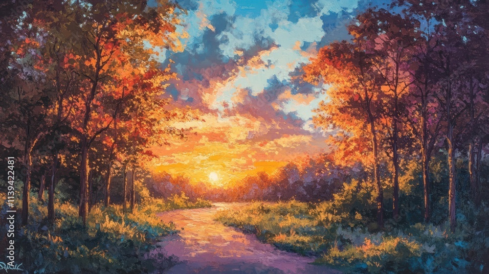 Sun-Drenched Forest Path at Sunset with Autumnal Colors