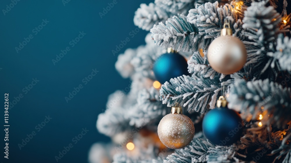 Fototapeta premium beautifully decorated Christmas tree features frosted branches adorned with blue and gold ornaments. Soft glowing lights enhance the festive ambiance, creating a warm holiday spirit