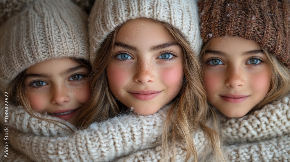 Three girls with striking blue eyes enjoy a close moment, wrapped in warm hats and scarves, radiating joy against a chilly winter backdrop in the afternoon Three girls with striking blue eyes enjoy a close moment, wrapped in warm hats and scarves, radiating joy against a chilly winter backdrop in the afternoon