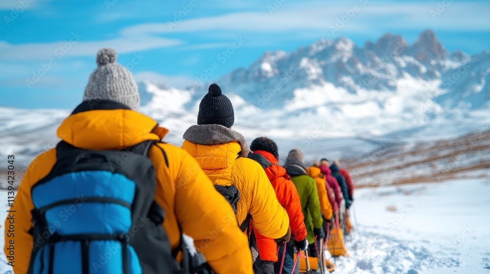 A diverse group of hikers, clad in vibrant winter jackets, navigates through a stunning snow-covered landscape, enjoying the fresh air and breathtaking mountain views under a blue sky A diverse group of hikers, clad in vibrant winter jackets, navigates through a stunning snow-covered landscape, enjoying the fresh air and breathtaking mountain views under a blue sky