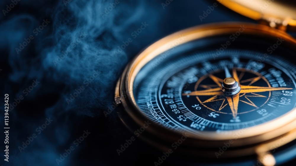 Fototapeta premium vintage compass is positioned on a dark surface, surrounded by delicate swirling smoke. compass features a classic design with a polished brass finish, highlighting intricate details