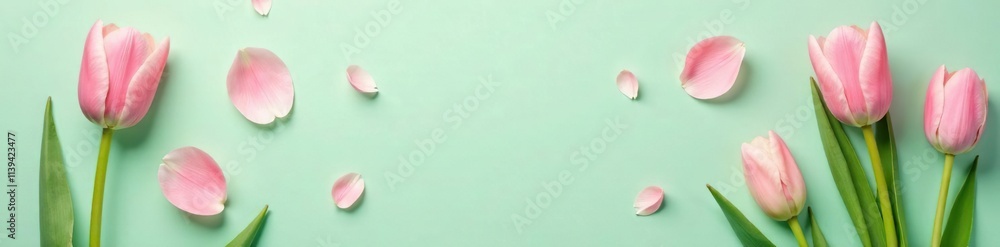Delicate pink tulip petals scattered on a soft pastel green background, pink tulips, gentle hues Delicate pink tulip petals scattered on a soft pastel green background, pink tulips, gentle hues