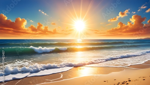 a hot summer beach scene, featuring a blazing sun shining brightly. photo