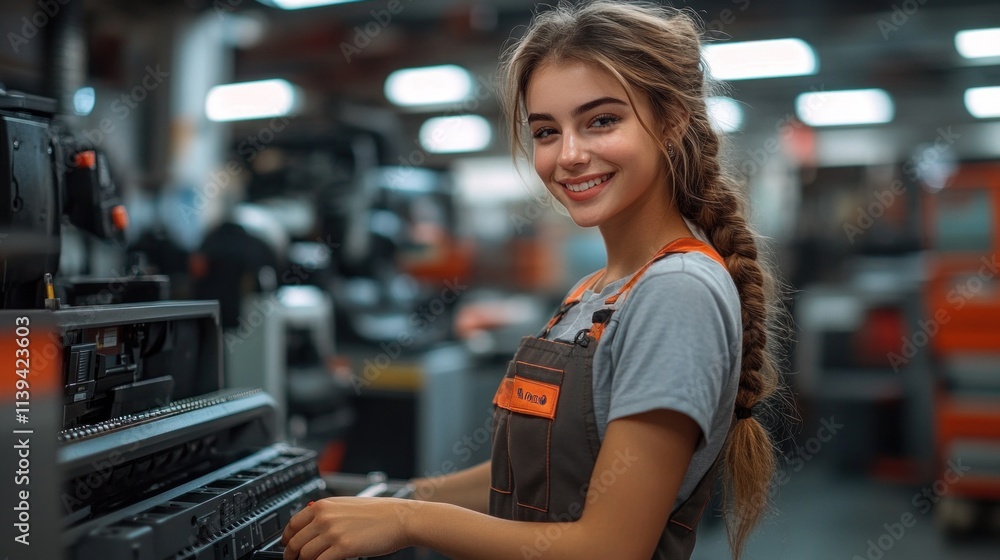 Female technician works on machinery in a well-equipped workshop. She wears work overalls and smiles confidently while handling the tools of her trade, showcasing skill and passion Female technician works on machinery in a well-equipped workshop. She wears work overalls and smiles confidently while handling the tools of her trade, showcasing skill and passion