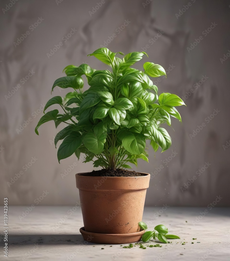Fototapeta premium Delicate green leaves falling from a potted basil plant , decay, nature, herb