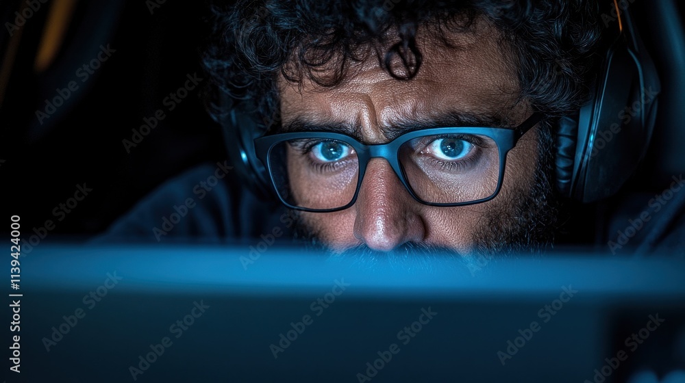 gamer wearing headphones intensely focuses on the screen, showcasing determination and concentration during an immersive late-night gaming session in a dark environment gamer wearing headphones intensely focuses on the screen, showcasing determination and concentration during an immersive late-night gaming session in a dark environment