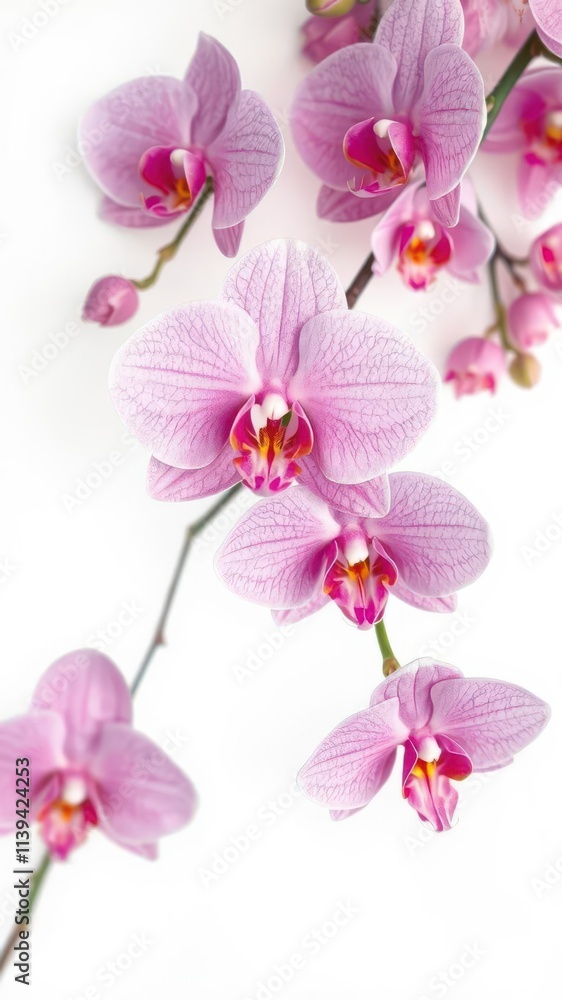 Obraz premium Delicate pink orchid blossoms isolated on pure white background, summer, photography, bright