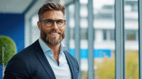 man with a well-groomed beard and stylish glasses stands in a contemporary office. He smiles warmly, surrounded by natural light filtering through large windows