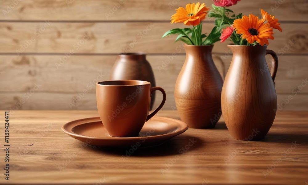 Brown cup, plate, and vase on a wooden desk with a natural wood grain texture, vase, textural elements, living room Brown cup, plate, and vase on a wooden desk with a natural wood grain texture, vase, textural elements, living room