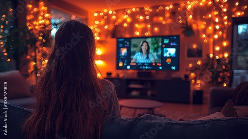 Woman sitting on a cozy couch watching a TV screen in a warm, beautifully lit living room with glowing string lights creating a relaxing atmosphere.