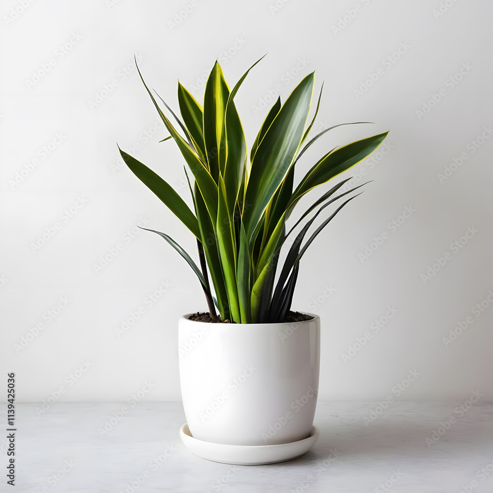 a Snake Plant or house plant on a white background gracefully flourishing within a glossy white pot. a Snake Plant or house plant on a white background gracefully flourishing within a glossy white pot.