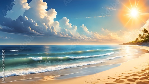 a hot summer beach scene, featuring a blazing sun shining brightly. photo