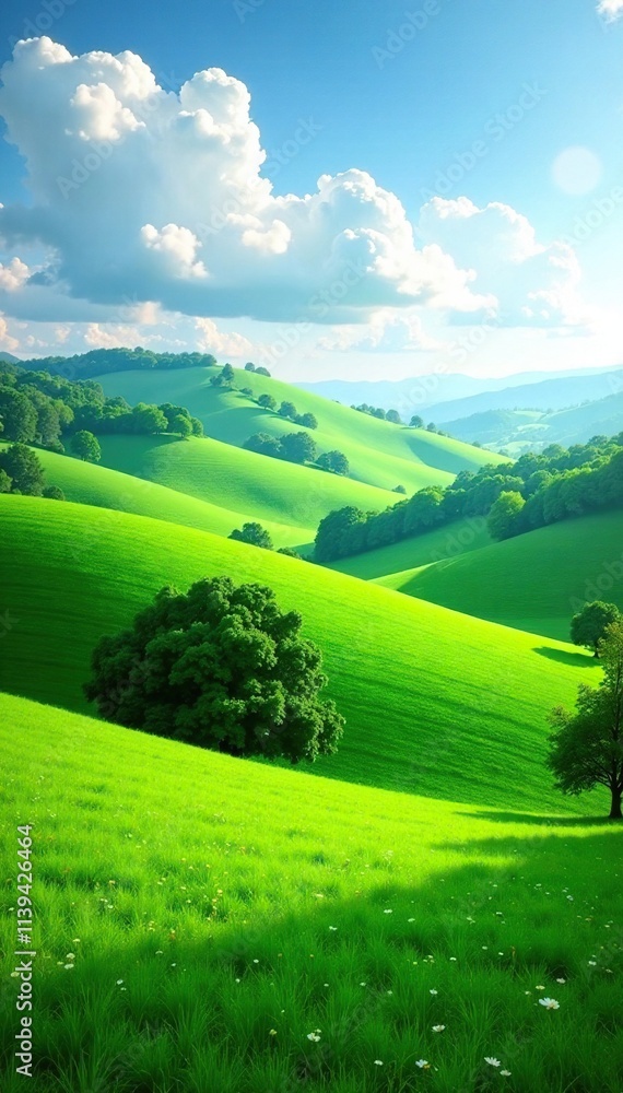 Fototapeta premium A landscape featuring rolling hills and green clumps, NaturePhotography, CountrysideView
