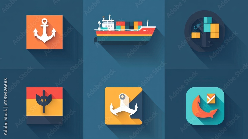 Fototapeta premium A clean and modern vector icon set showcasing a cargo ship, anchor, and steering wheel, representing maritime cargo delivery in vibrant colors
