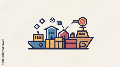 A creative icon design of a delivery route with a truck, a ship, and a pallet, illustrating the interconnected shipping process