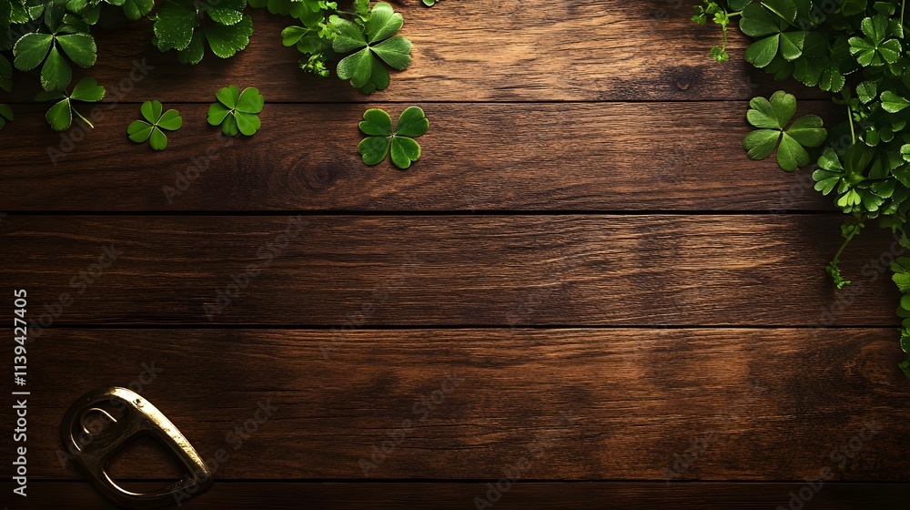 Wooden Background Decorated With Shamrocks And A Bottle Opener Wooden Background Decorated With Shamrocks And A Bottle Opener