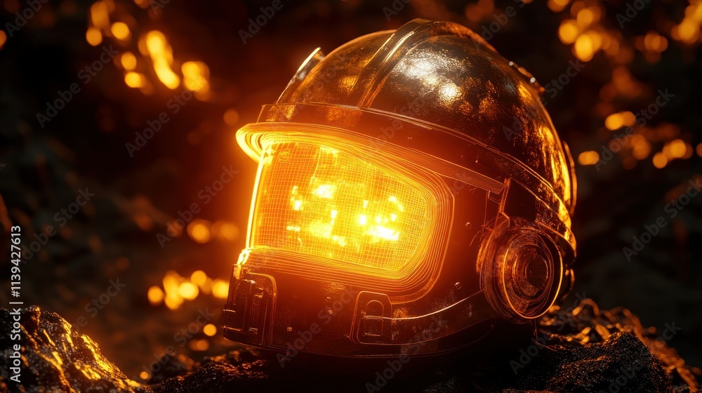 A line-art animation of a helmet with a mining lamp, glowing softly, designed for coal mining exploration concepts A line-art animation of a helmet with a mining lamp, glowing softly, designed for coal mining exploration concepts