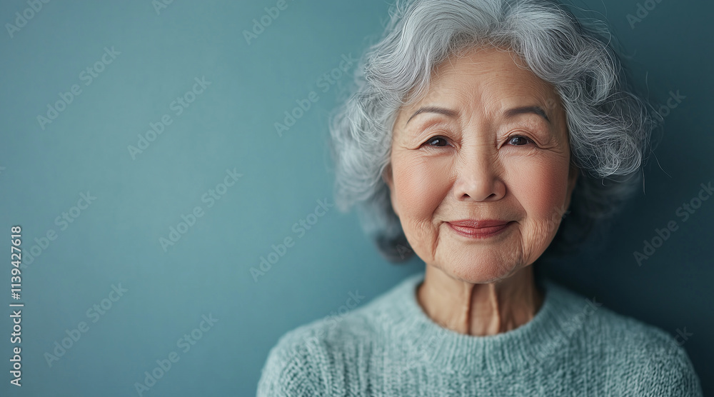 close up portrait of smiling asian elderly plus size body standing against the gray-blue clean wall, space for text close up portrait of smiling asian elderly plus size body standing against the gray-blue clean wall, space for text